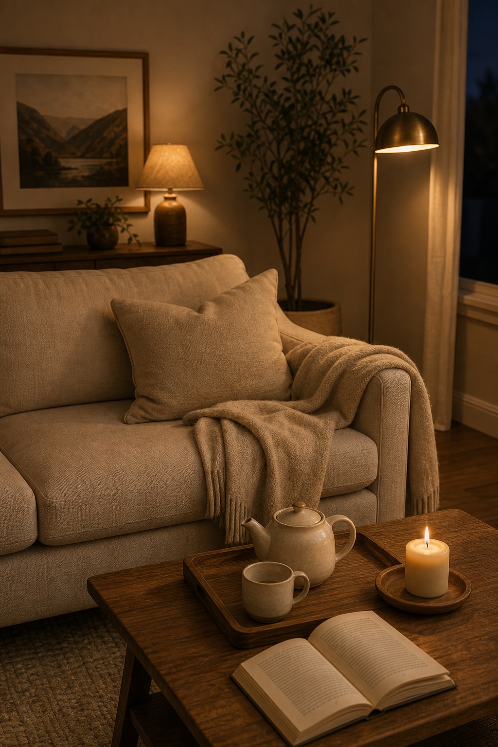 Quiet evening living room with the overhead light off, two warm lamps on, a ceramic teapot and one mug on a wooden tray, open book, single candle, and a wool throw on the sofa