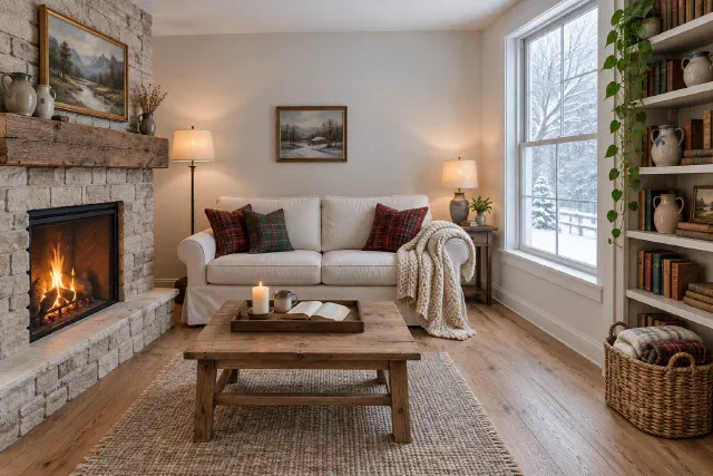 Small living room with a fire lit, a cream sofa with plaid pillows and a knit throw, two lamps on, and a wood coffee table with a candle and an open book