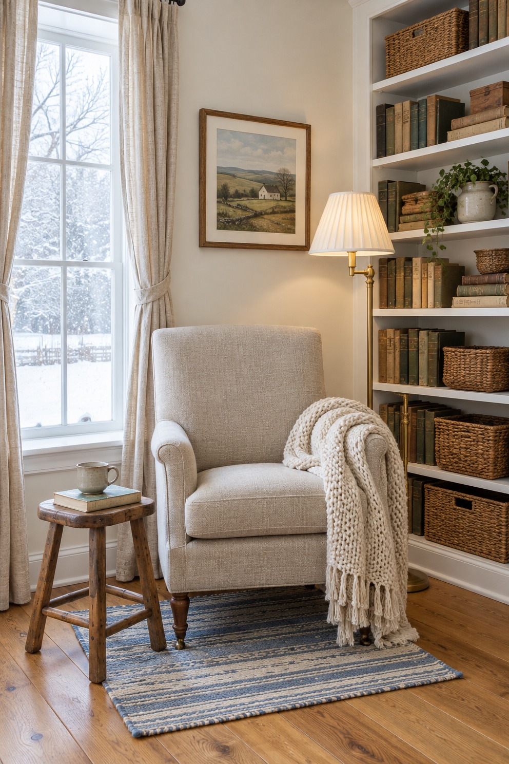 Cream armchair angled beside a low wood side table and a warm floor lamp near a window and bookcase