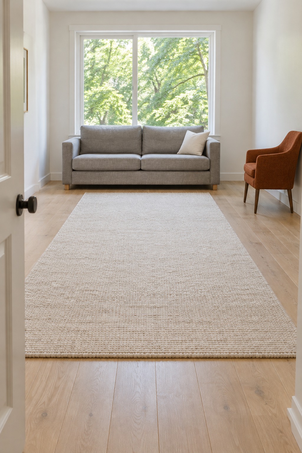 Living room with a clear walking path across a wool rug and an armchair moved against the wall
