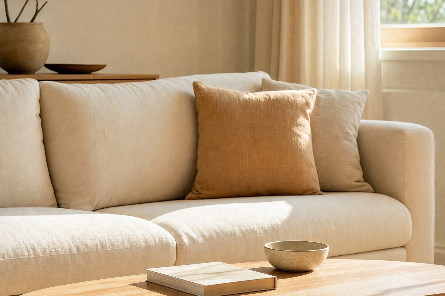 Calm living room with a sofa, warm lamp, wood table, and fewer decorative objects