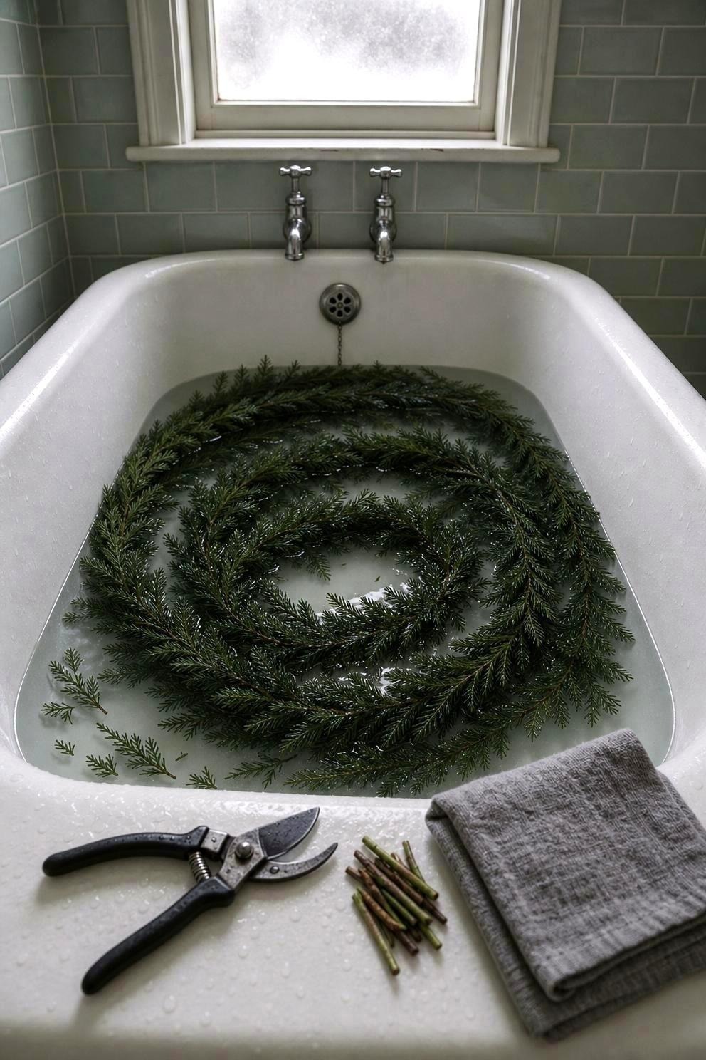 Fresh cedar and fir garland soaking in a white bathtub beside clean pruners