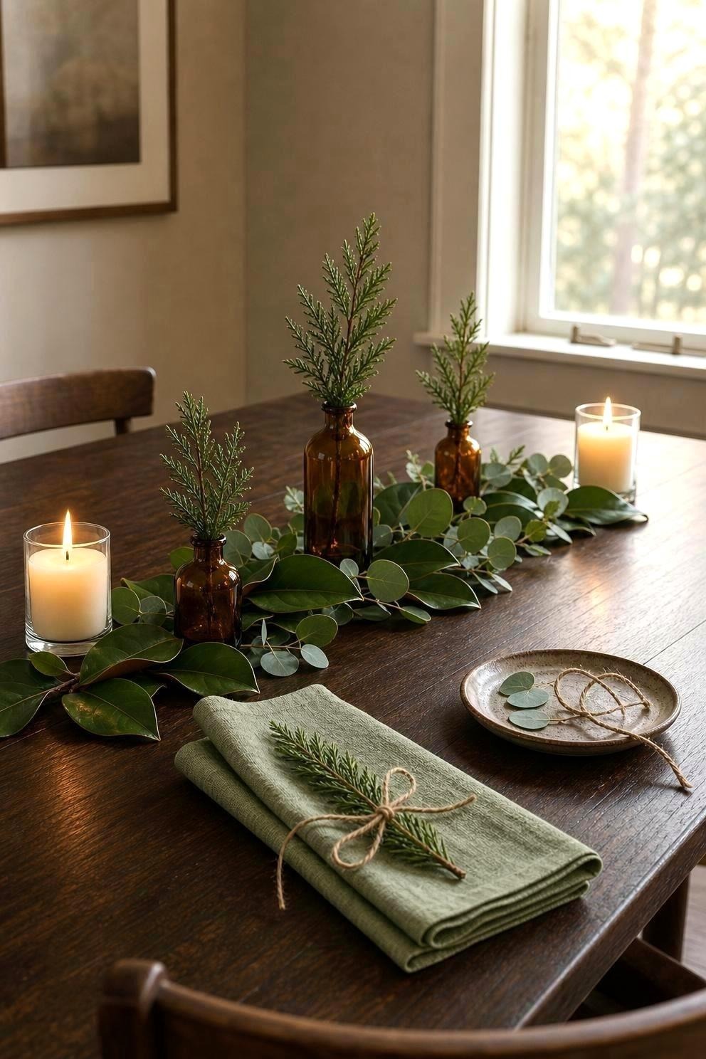 Loose magnolia leaves and eucalyptus arranged between amber bud vases on a dining table