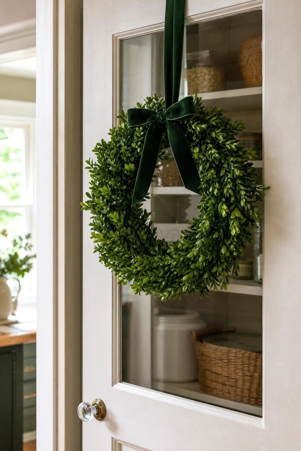 Compact fresh boxwood wreath on an interior pantry door with a dark green velvet ribbon