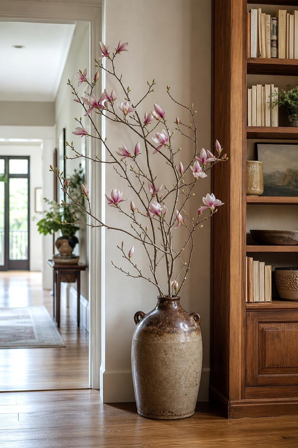 Tall magnolia branches in a weighted stoneware jug beside a living room bookcase