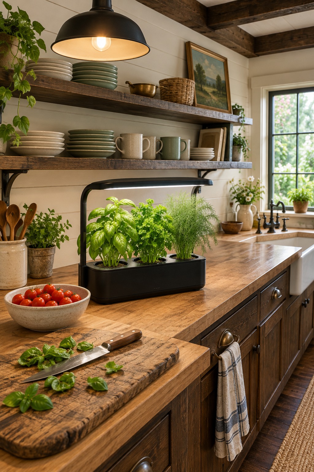 Farmhouse kitchen counter with a small black countertop herb garden lit over basil, parsley and dill, a cutting board with torn basil leaves and a bowl of cherry tomatoes