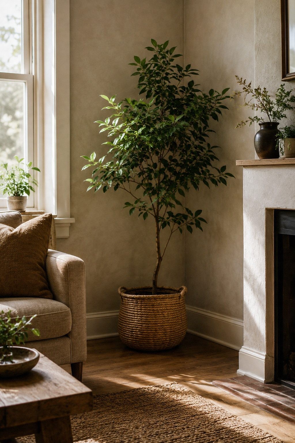 Calm living room with a few indoor plants and open surfaces left uncluttered