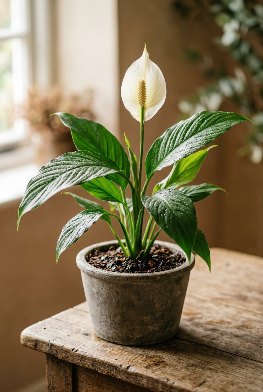 Simple plant shelf with a snake plant, trailing pothos, books, and warm natural light