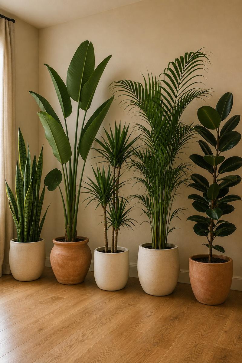 Indoor plants grouped in repeated terracotta and cream ceramic pots against a calm living room wall