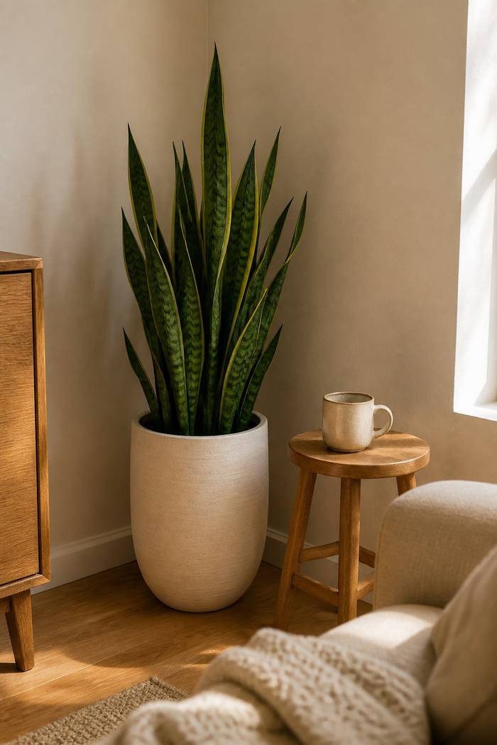 Low-maintenance snake plant in a white pot beside a chair and small side table