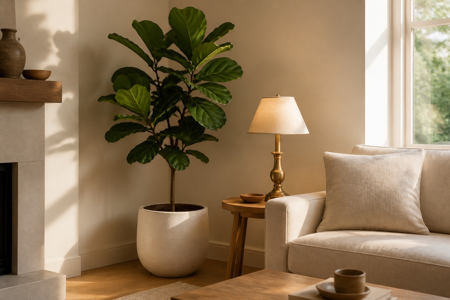 Tall indoor plant in a warm living room corner beside a sofa and table lamp