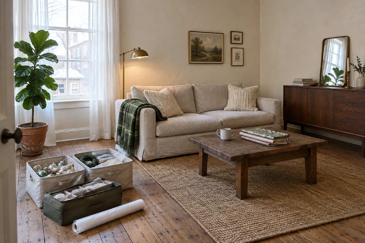 Small living room in January with a linen sofa, open storage bins and an ornament box on the plank floor, a lit brass floor lamp and a fiddle leaf fig by the window