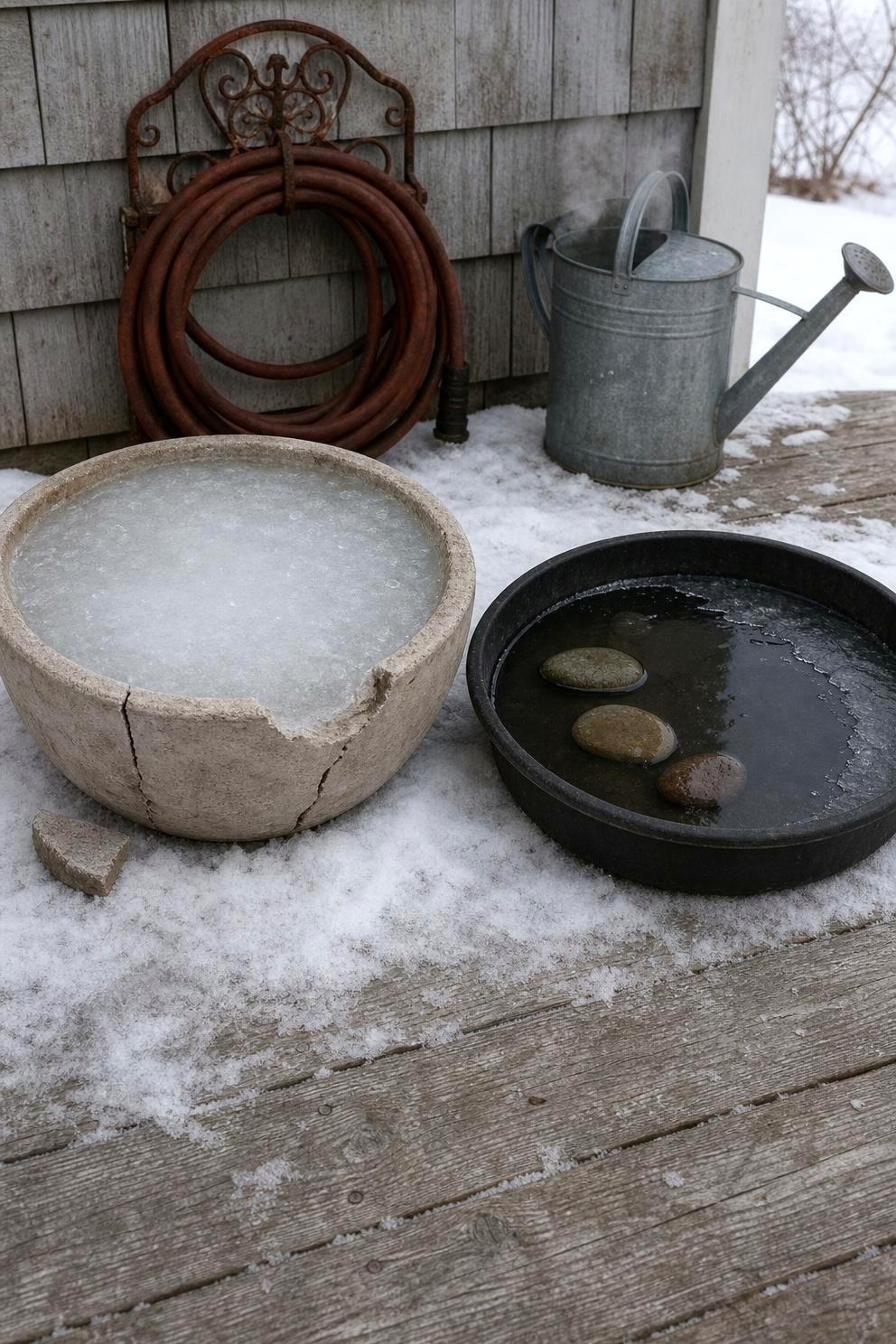 A cracked concrete bird bath basin filled with ice beside a shallow black rubber pan holding open water, both dusted with snow