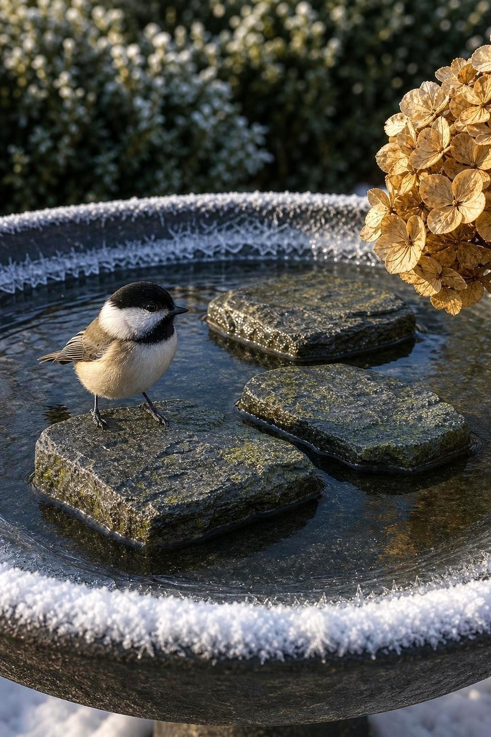 A shallow dark bird bath with three flat gray stones rising above the water line, frost on the rim and a black-capped chickadee standing on one stone