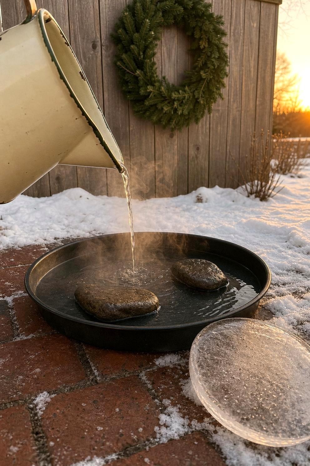 A hand-held enamel jug pouring warm water into a snow-rimmed shallow bird bath at sunrise, steam rising off the surface