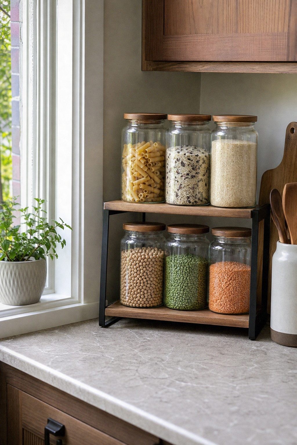 Warm under-cabinet light illuminating a small organized kitchen corner in the evening