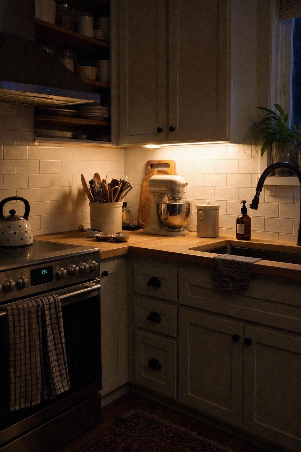 A small kitchen corner styled as a coffee station with canisters, a tray, and a small shelf