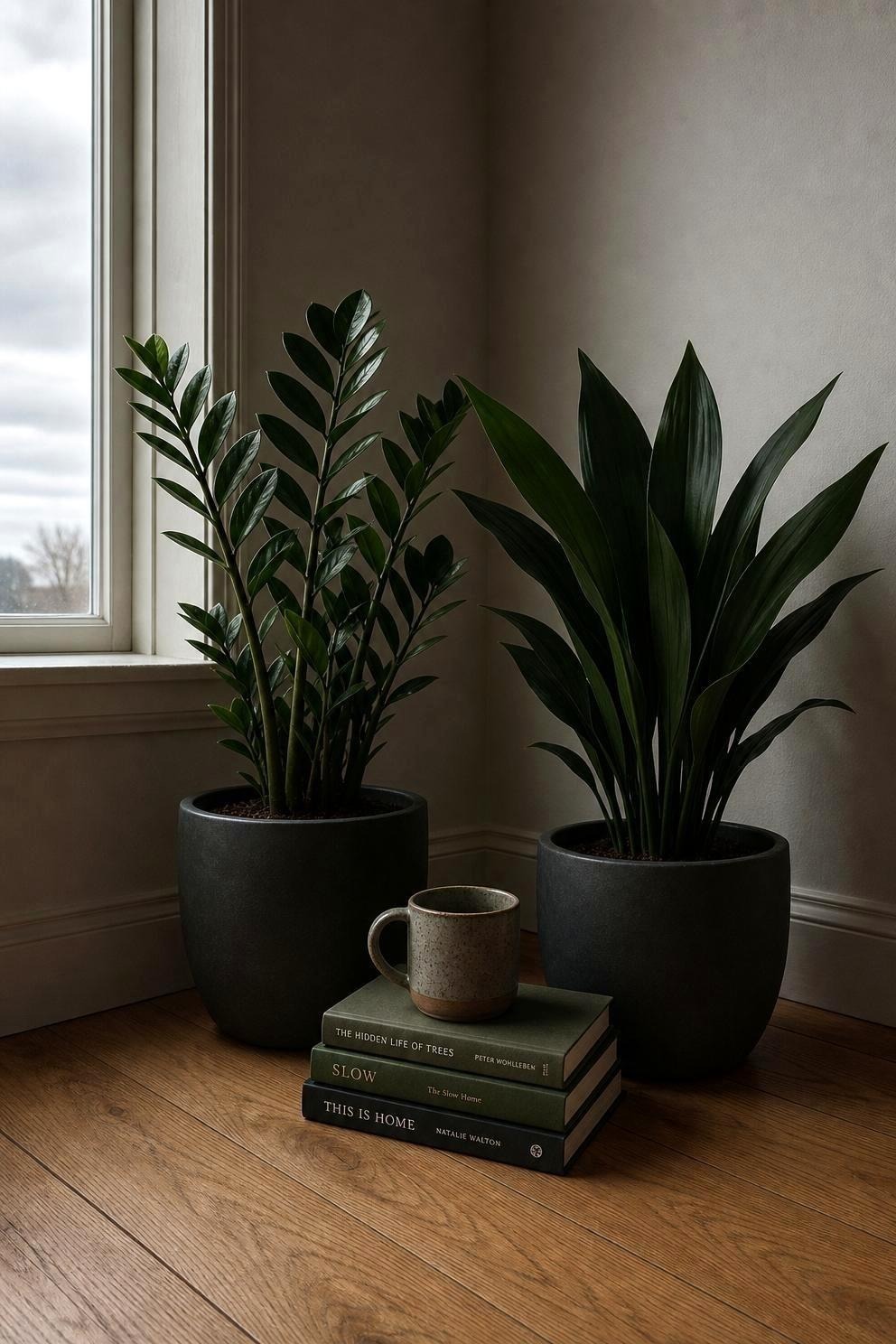 A ZZ plant and a cast iron plant in matching pots in a dim corner several feet from a north-facing window