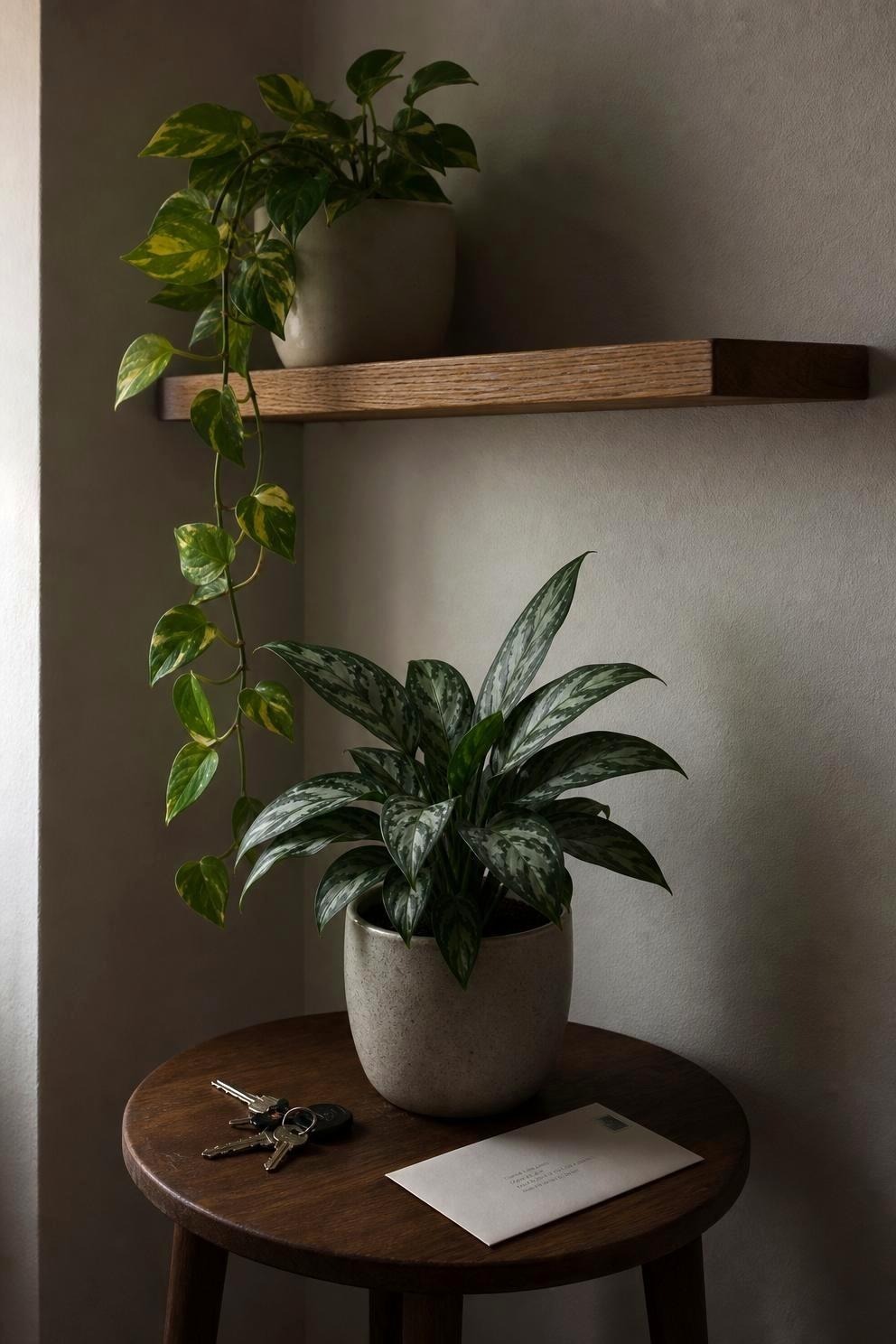 A golden pothos trailing from a shelf and a Chinese evergreen with silver-marked leaves on a side table in a dim hallway corner