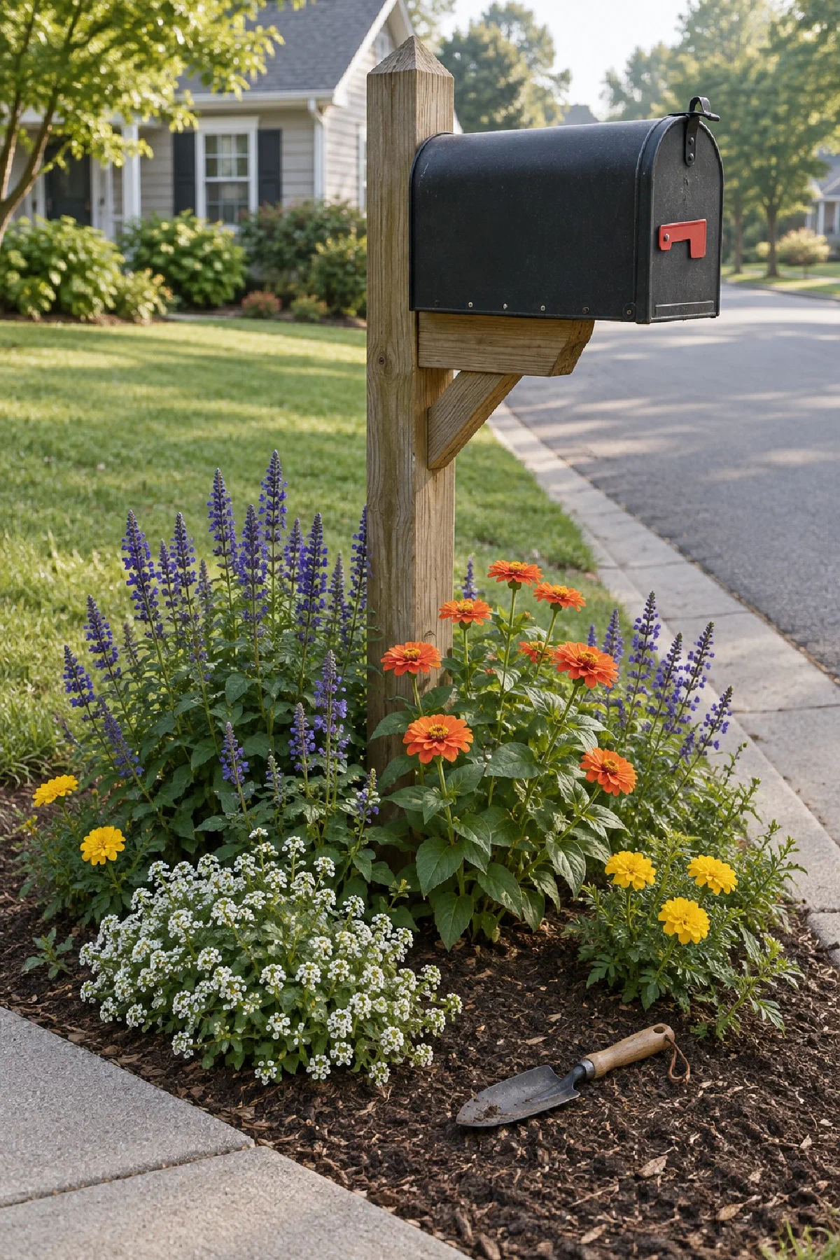 Mailbox flower bed with tall salvia, zinnias and low alyssum