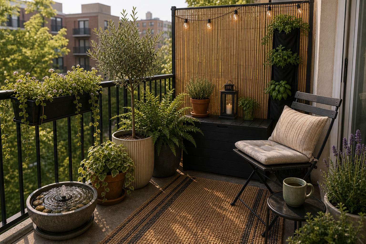 Rental balcony styled like a tiny backyard with plants, privacy, rug, chair, storage, and a small water bowl