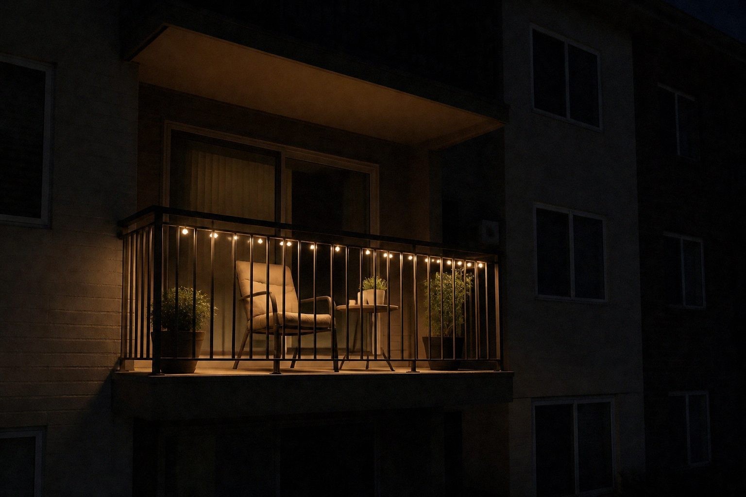 Apartment balcony with warm lights below the top rail and dark neighboring windows