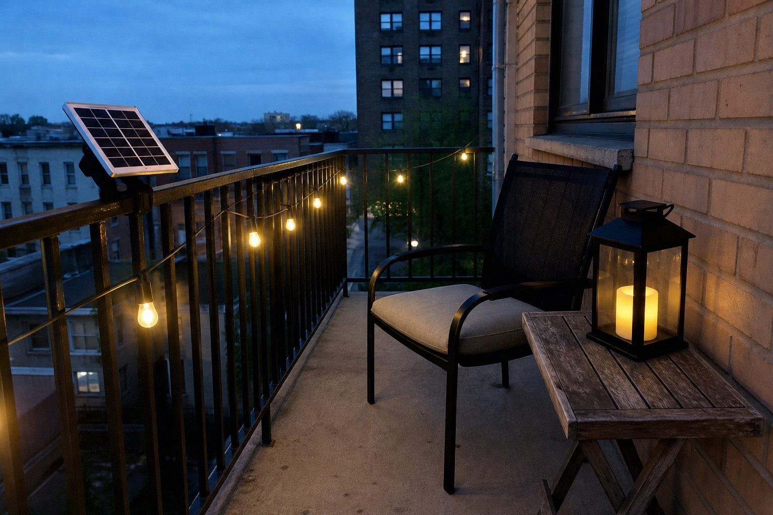 Compact outdoor seating area comparing a solar panel and warm solar string lights with a nearby battery lantern