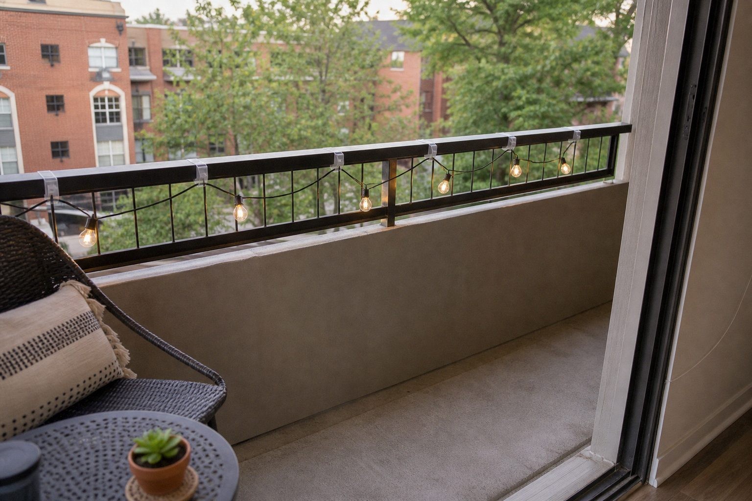 Warm plug-in patio string lights supported by several clips along a small outdoor seating zone