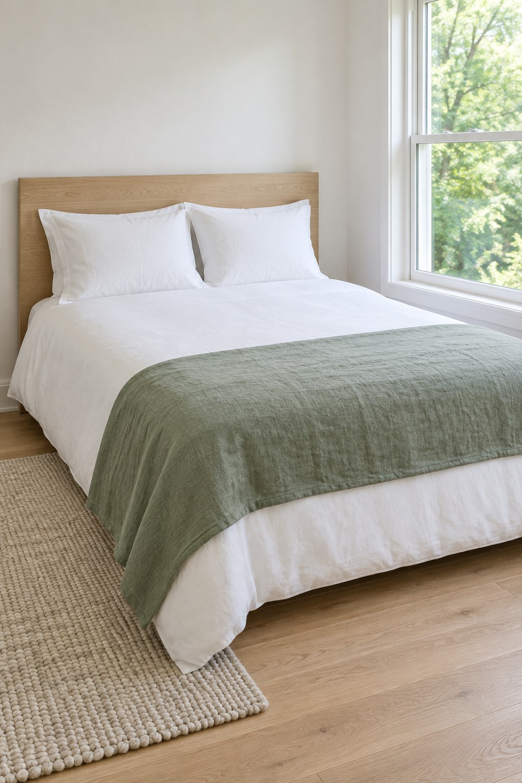 Bed with a white duvet and a folded sage linen coverlet across the foot