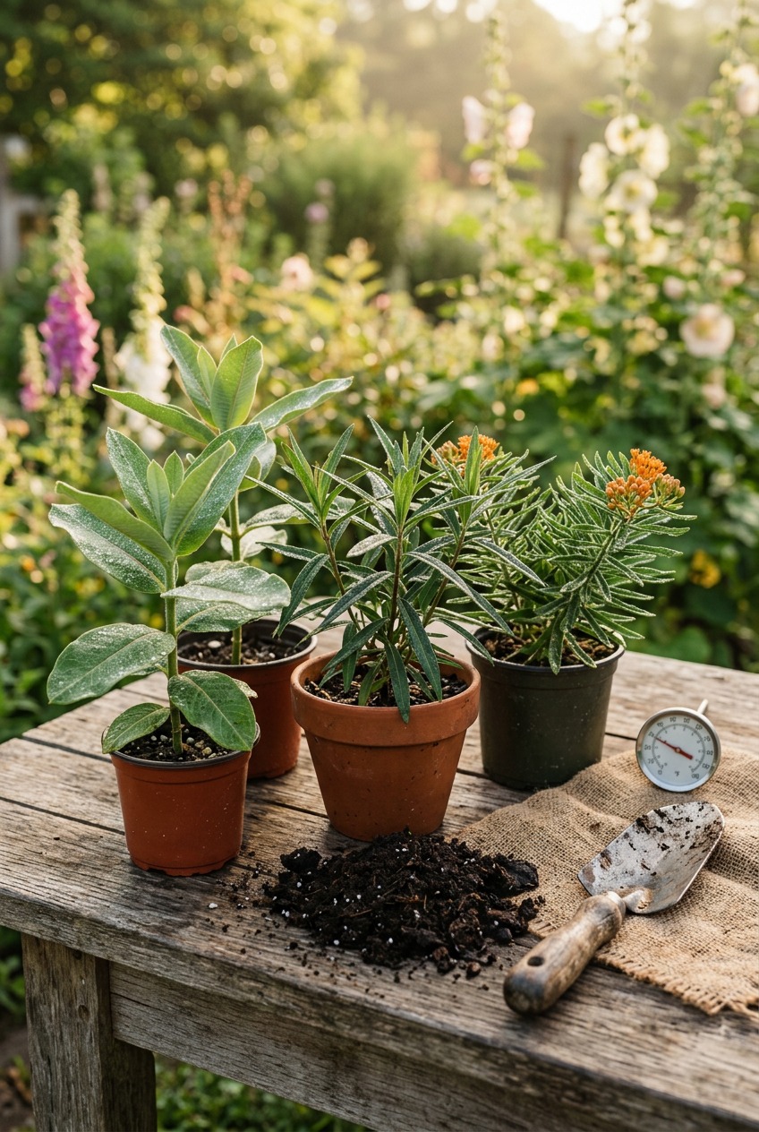 Assorted milkweed plants in nursery pots ready for spring planting with garden tools and compost