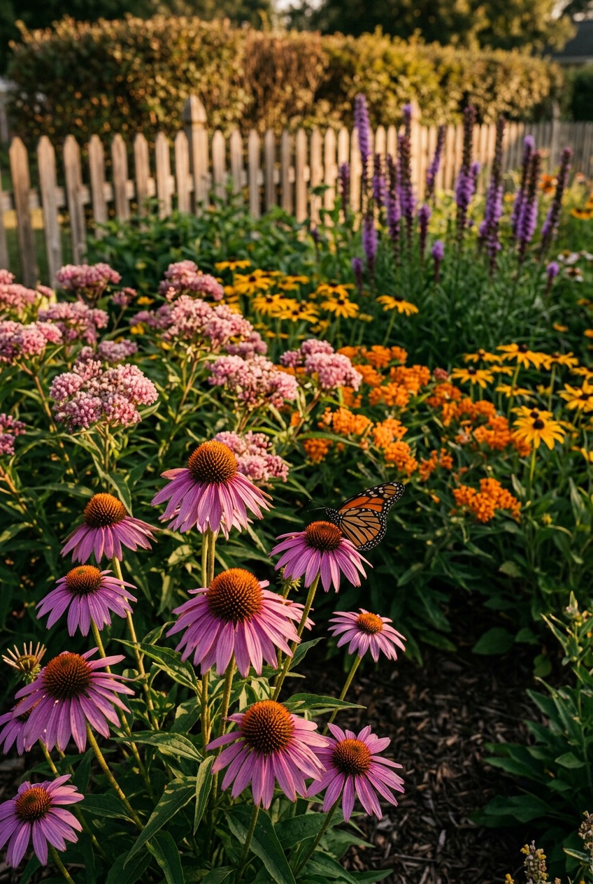 Mature monarch butterfly garden with blooming purple coneflowers, milkweed, and black-eyed Susans in full sun