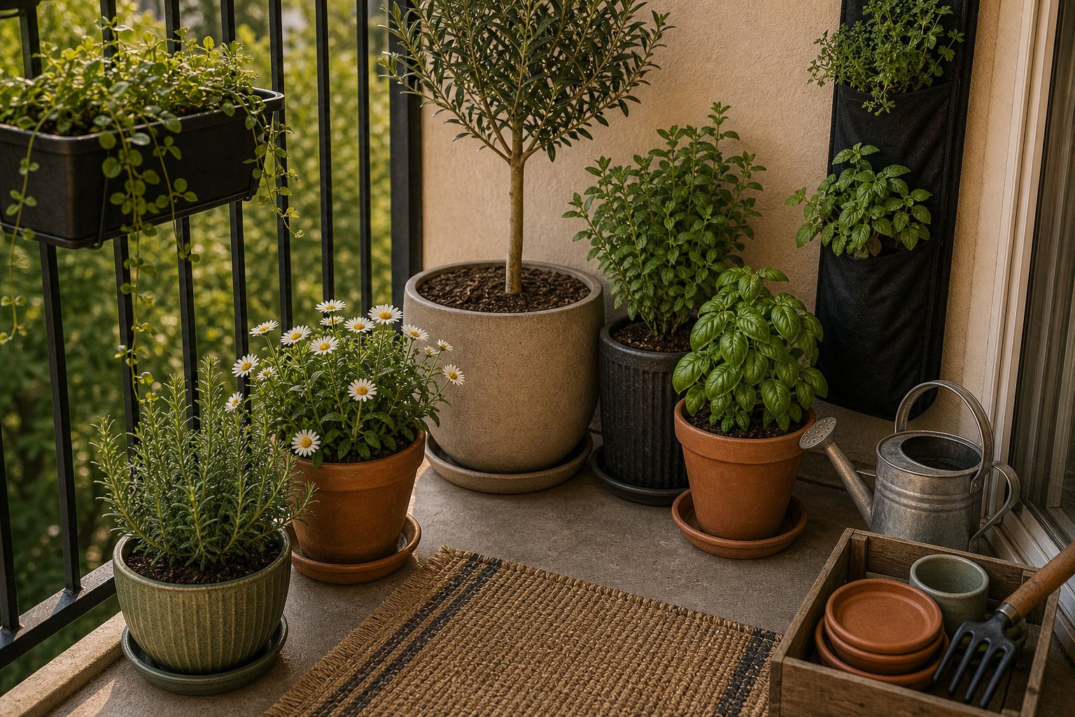 Apartment patio plant corner with clean saucers, watering can, and no standing water