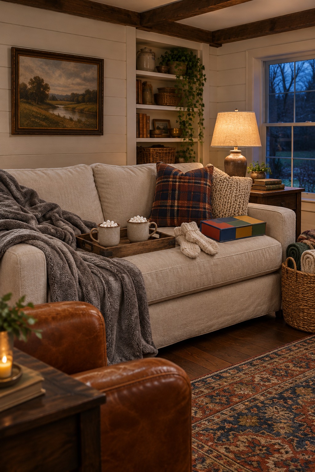 Two mugs of hot cocoa with marshmallows on a tray on a farmhouse sofa with a gray fleece throw, fuzzy socks and a trivia game box beside them, a lamp lit in the evening