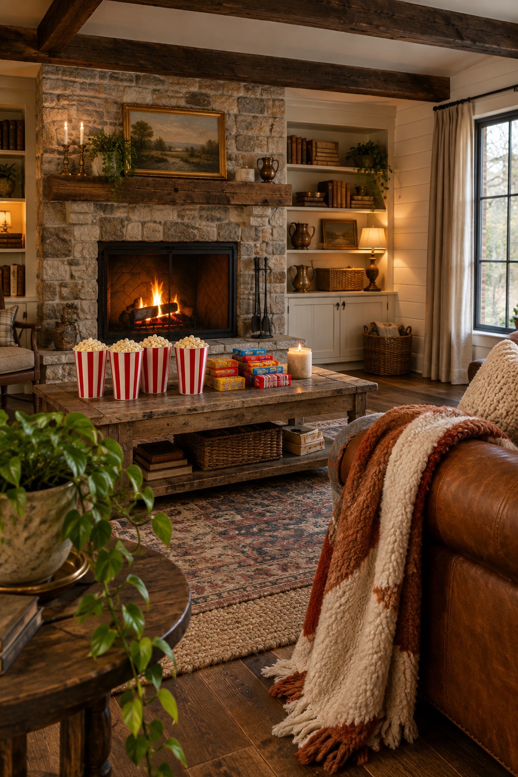 Four red and white striped popcorn tubs filled with popcorn on a farmhouse coffee table beside rows of movie theater candy boxes and a lit candle, a fleece throw over the sofa arm