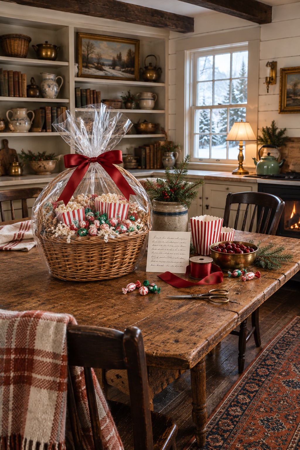 Wicker basket on a farmhouse kitchen table being wrapped in clear cellophane with a red ribbon, crinkle paper, popcorn boxes, candy and a handwritten card beside it