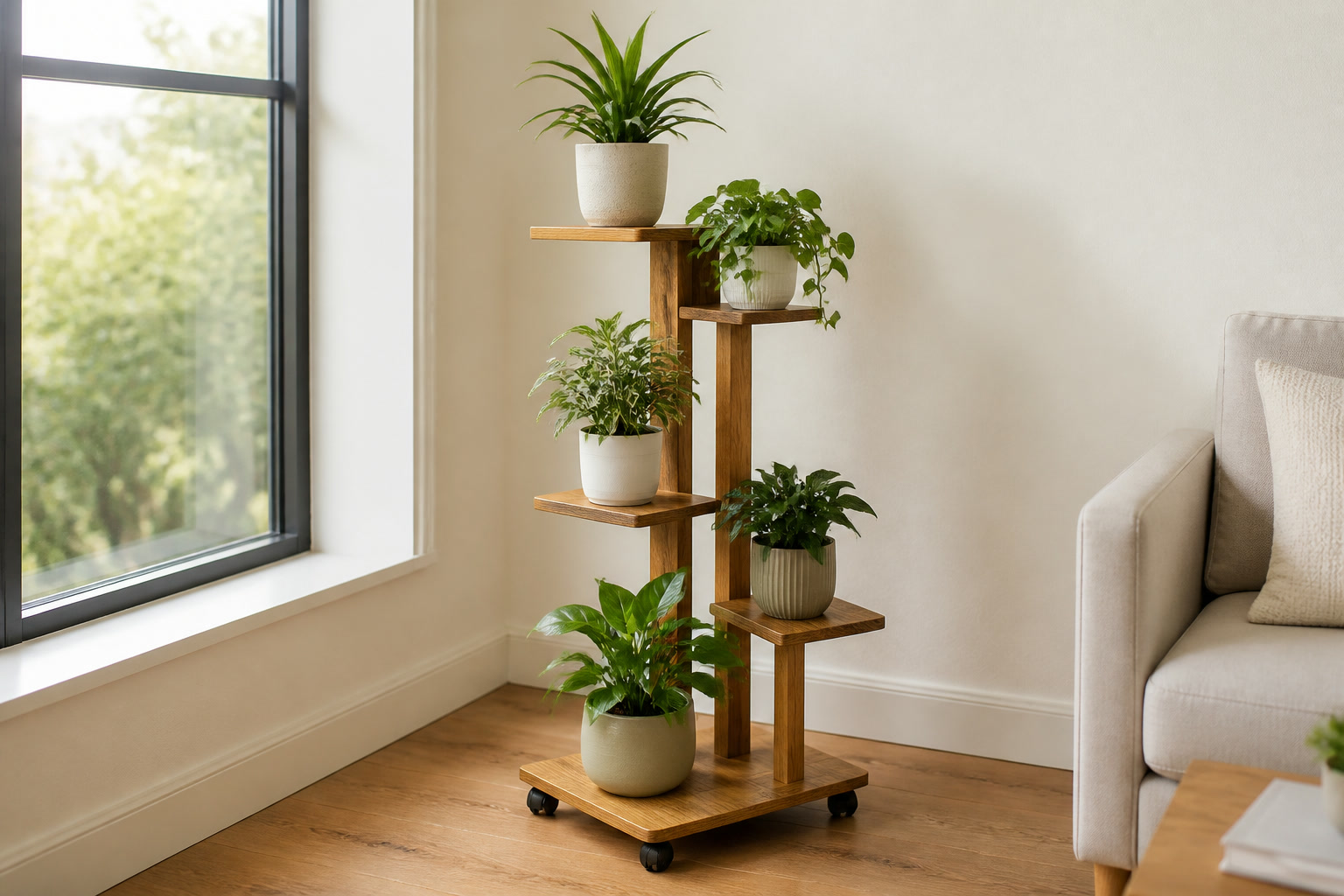 Slim five-tier pine plant stand holding small houseplants in a bright apartment corner