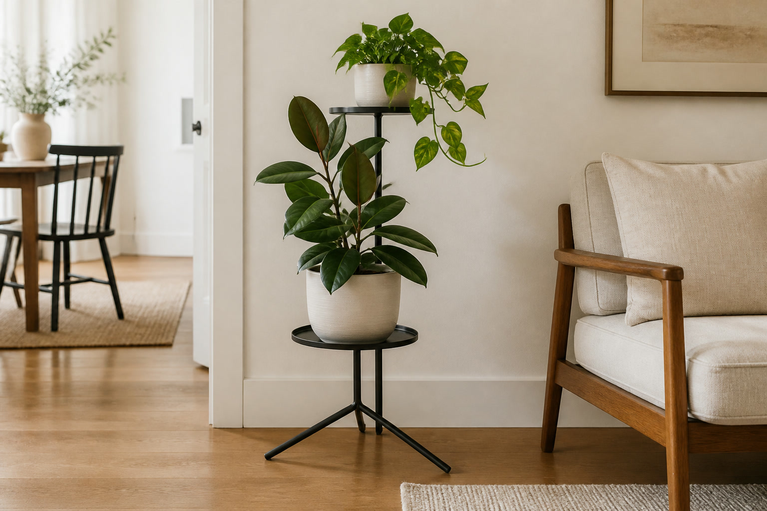Black two-tier metal plant stand with a rubber plant and pothos beside an apartment window