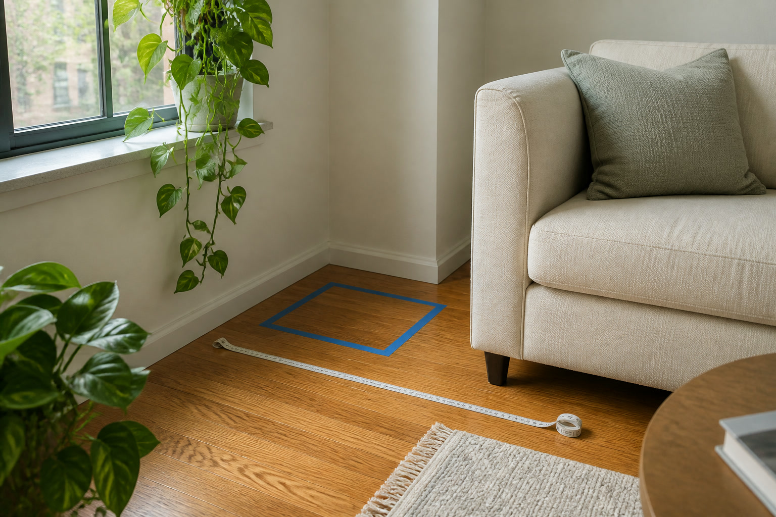 Painter tape marking a square footprint in a small apartment corner beside a window and loveseat
