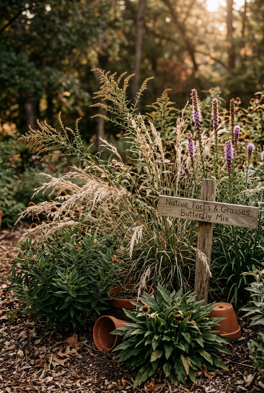 Tall joe-pye weed with large mauve flower clusters in a garden border