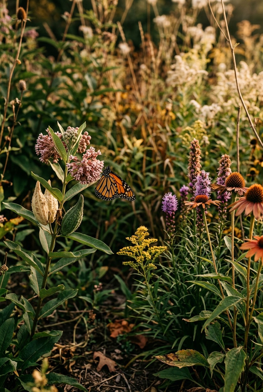 New England aster in bloom with purple flowers in an autumn garden