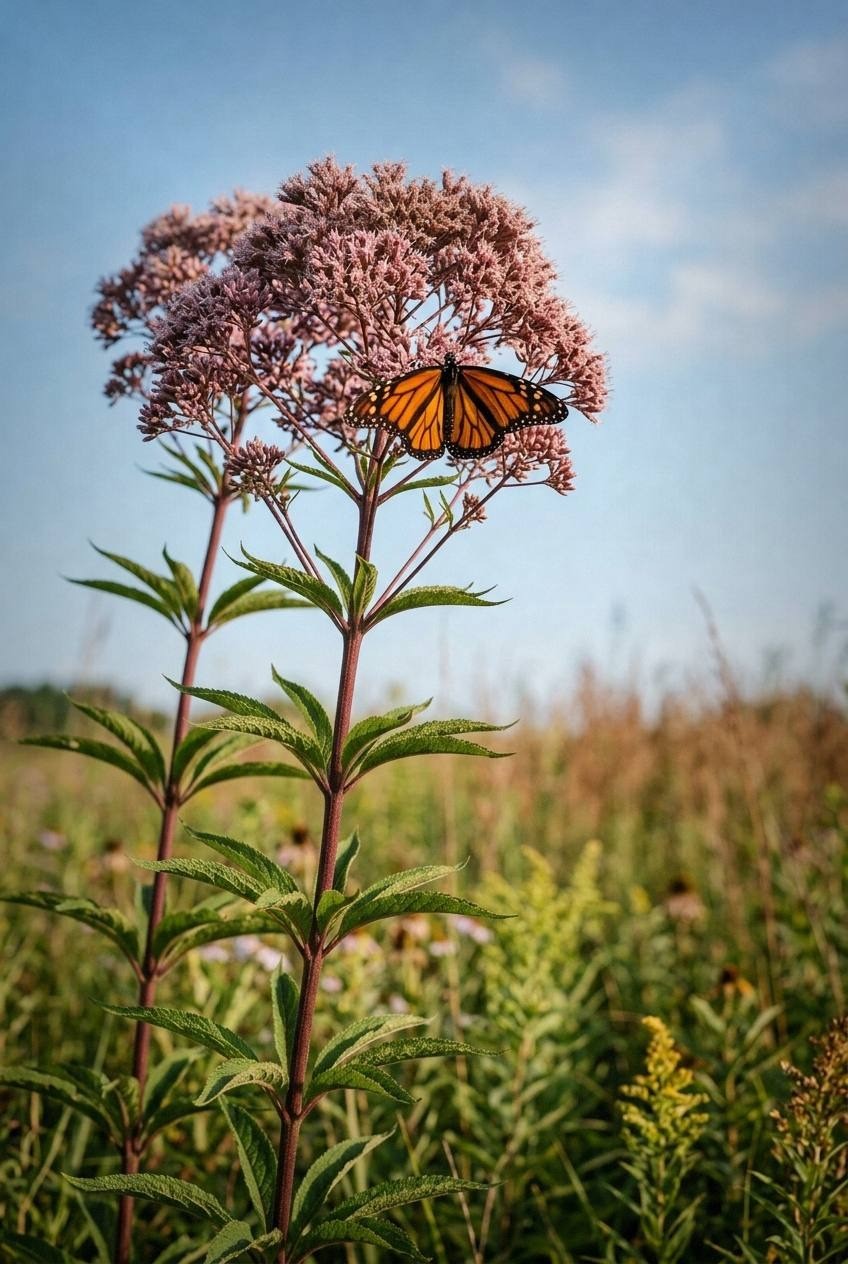 Ruby-throated hummingbird feeding from red wild columbine flowers in shaded garden area