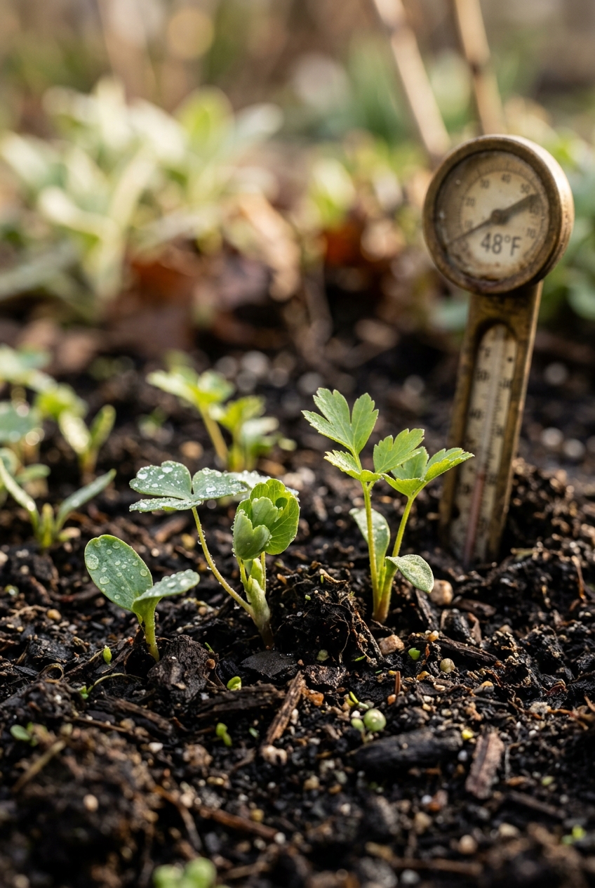 Native pollinator garden bed with early spring perennials and soil thermometer showing 50 degrees