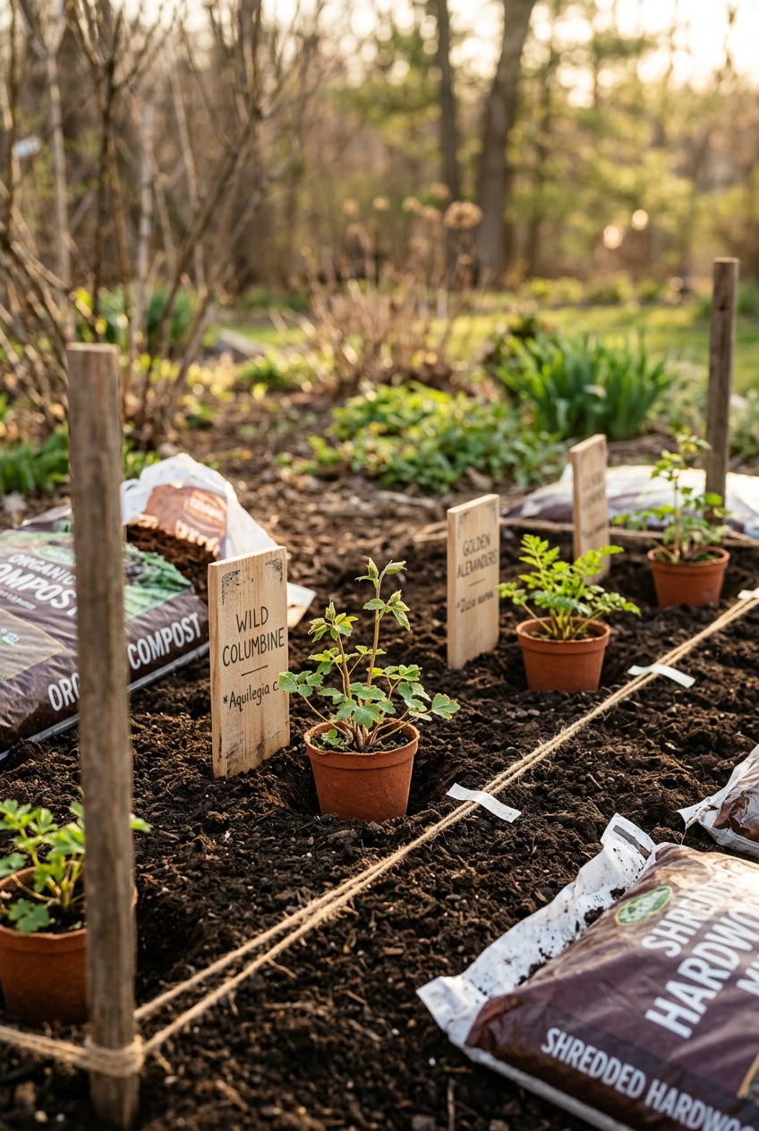 Wild columbine and golden alexanders planted in March showing early growth