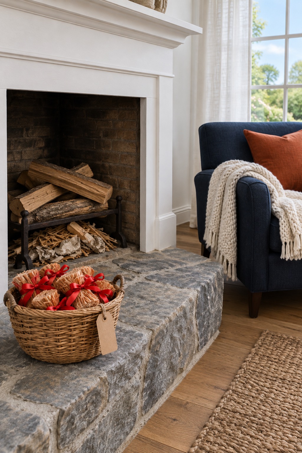 Wire basket of cedar fire starter discs tied with twine beside a stack of split logs and a stone hearth with a small fire burning behind a screen, a plaid throw on a nearby chair
