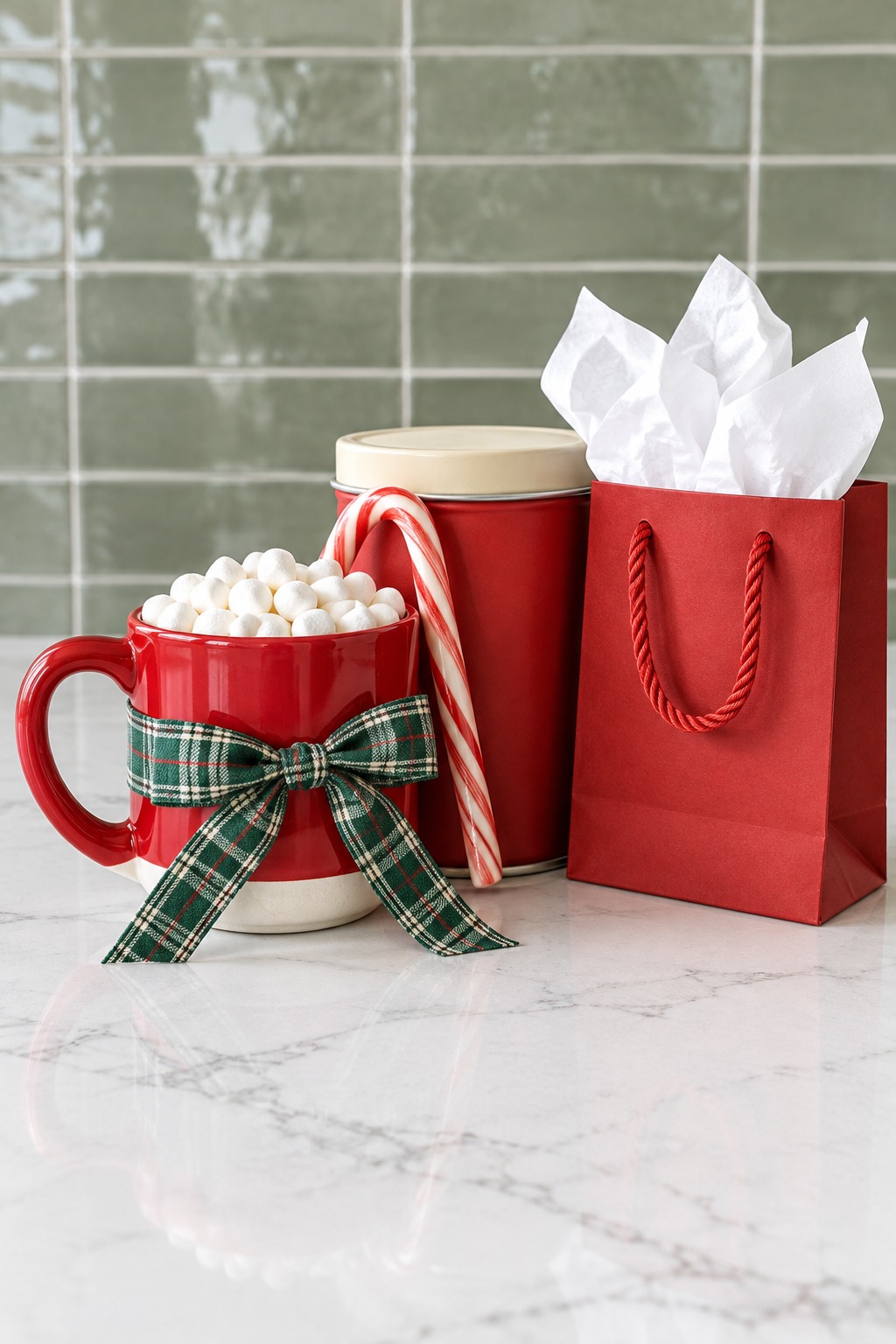 Ceramic mug of hot cocoa with mini marshmallows on a wooden tray on a farmhouse kitchen counter, a packet of cocoa mix, a gift bag with tissue and a handwritten tag beside it, a window with a winter garden behind