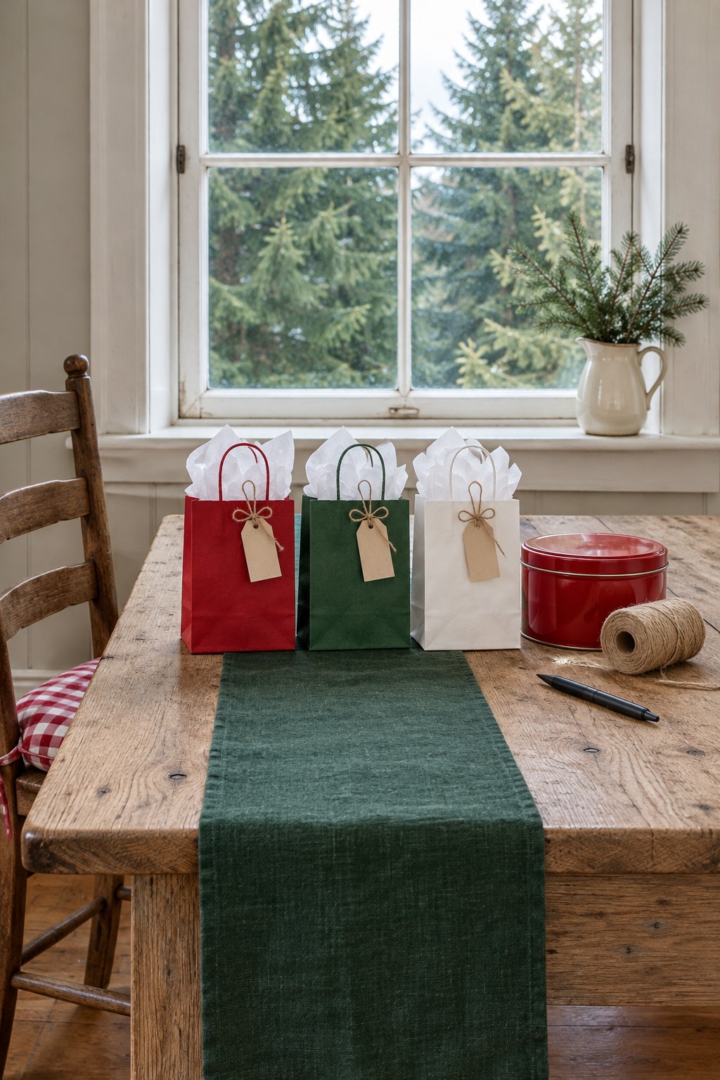Three small holiday gift bags with tissue paper and handwritten tags lined up on a farmhouse kitchen table beside a cookie tin, a roll of twine and a pen, a window with evergreens outside
