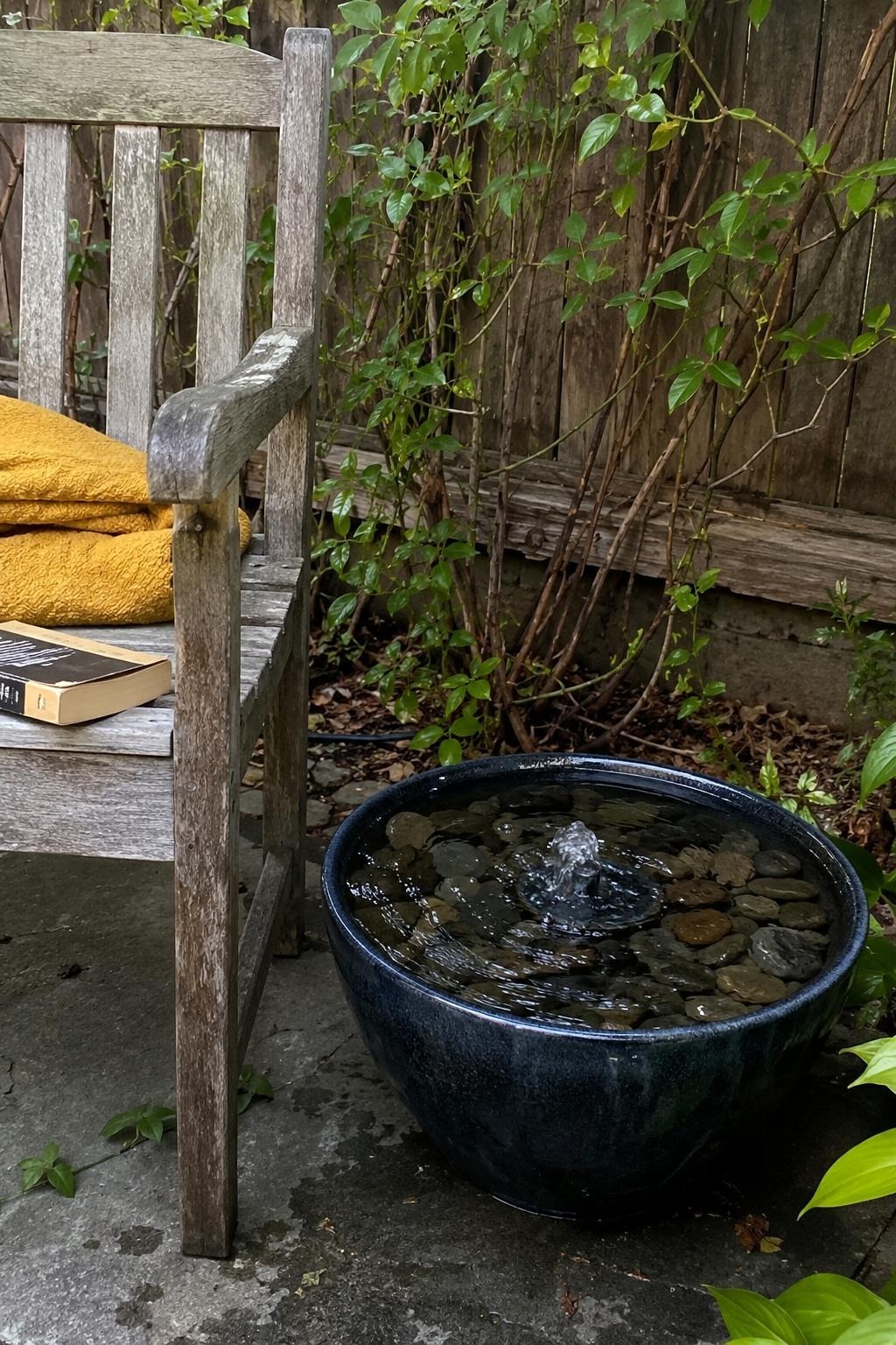 A small bubbling bowl fountain set beside a weathered wood bench in a backyard corner, water moving over stones in natural daylight