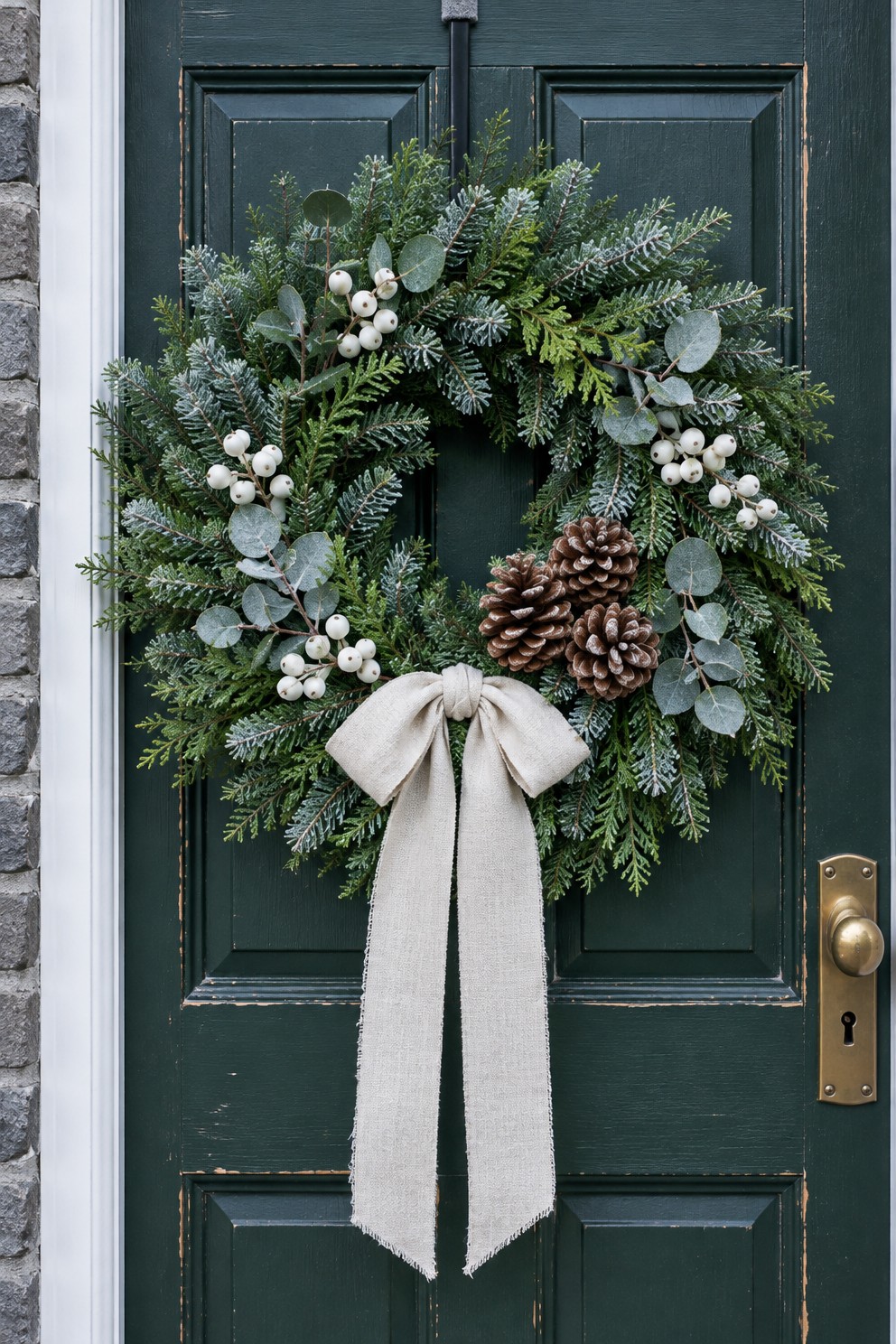 Close view of a winter wreath of cedar, frosted eucalyptus and pinecones with a cream linen bow, hung on a dark green front door from a thin over-the-door hanger