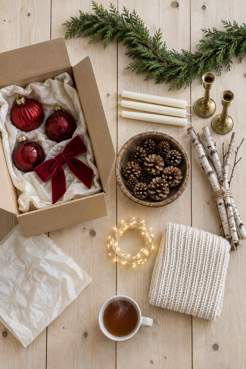 Wooden table seen from above with red ornaments, a red bow and a stocking packed in a box on the left, and cedar garland, cream candles, brass candlesticks, pinecones, birch branches and fairy lights laid out to keep on the right