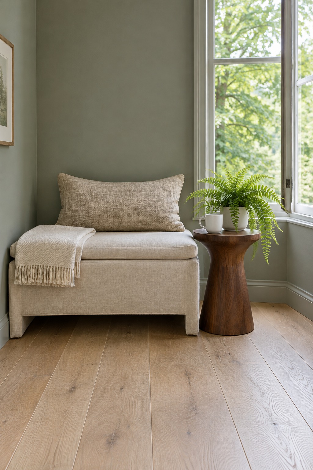 Reading nook with soft gray-green walls, a cream linen bench and a walnut side table